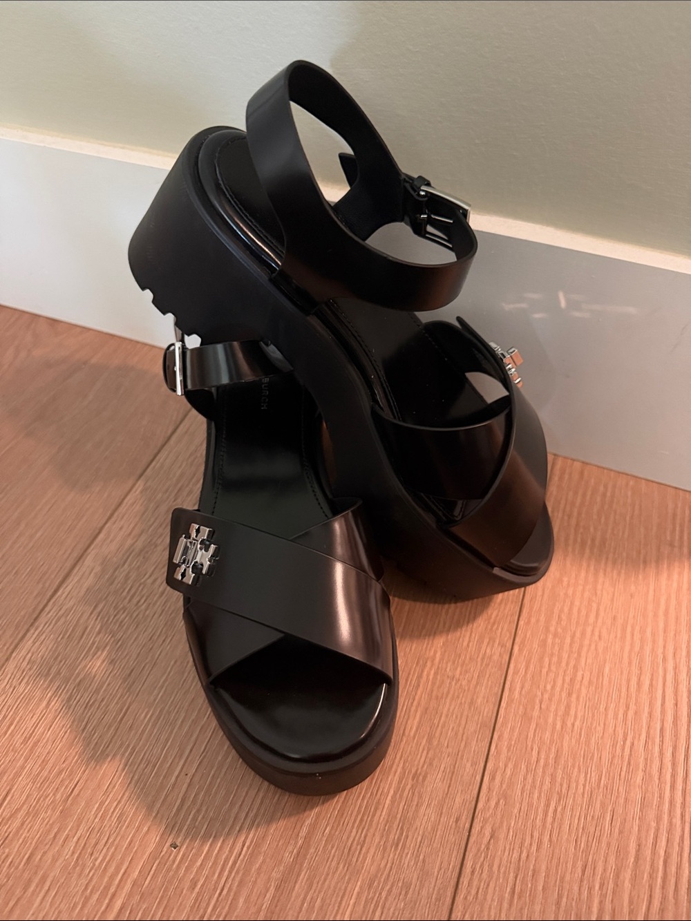 Tory Burch Black Platform Logo Sandals